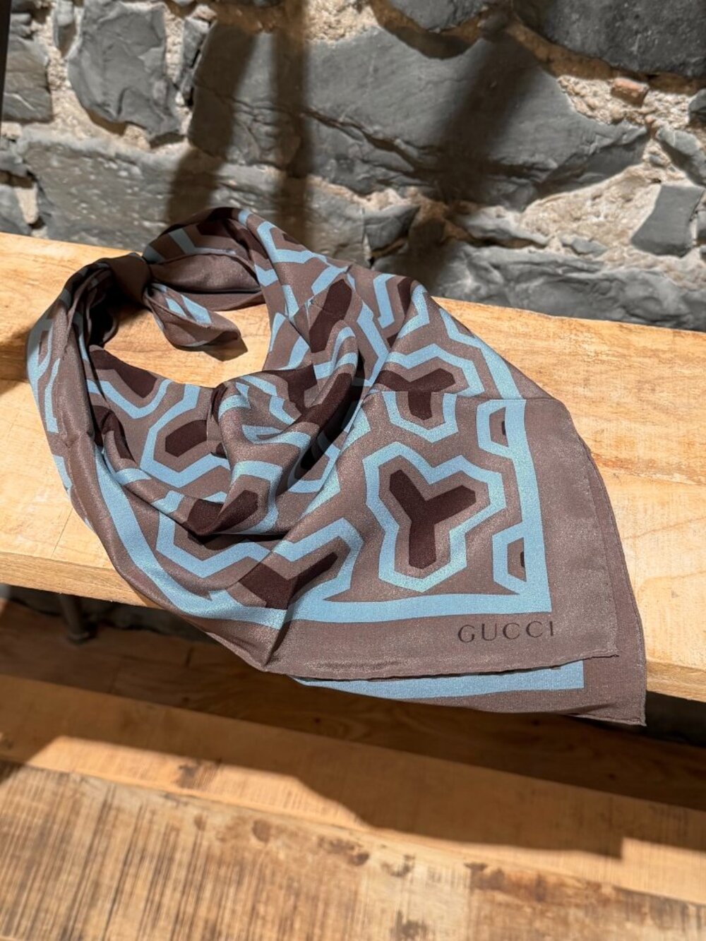 Gucci Vintage Brown Geometric Print Silk Square Scarf